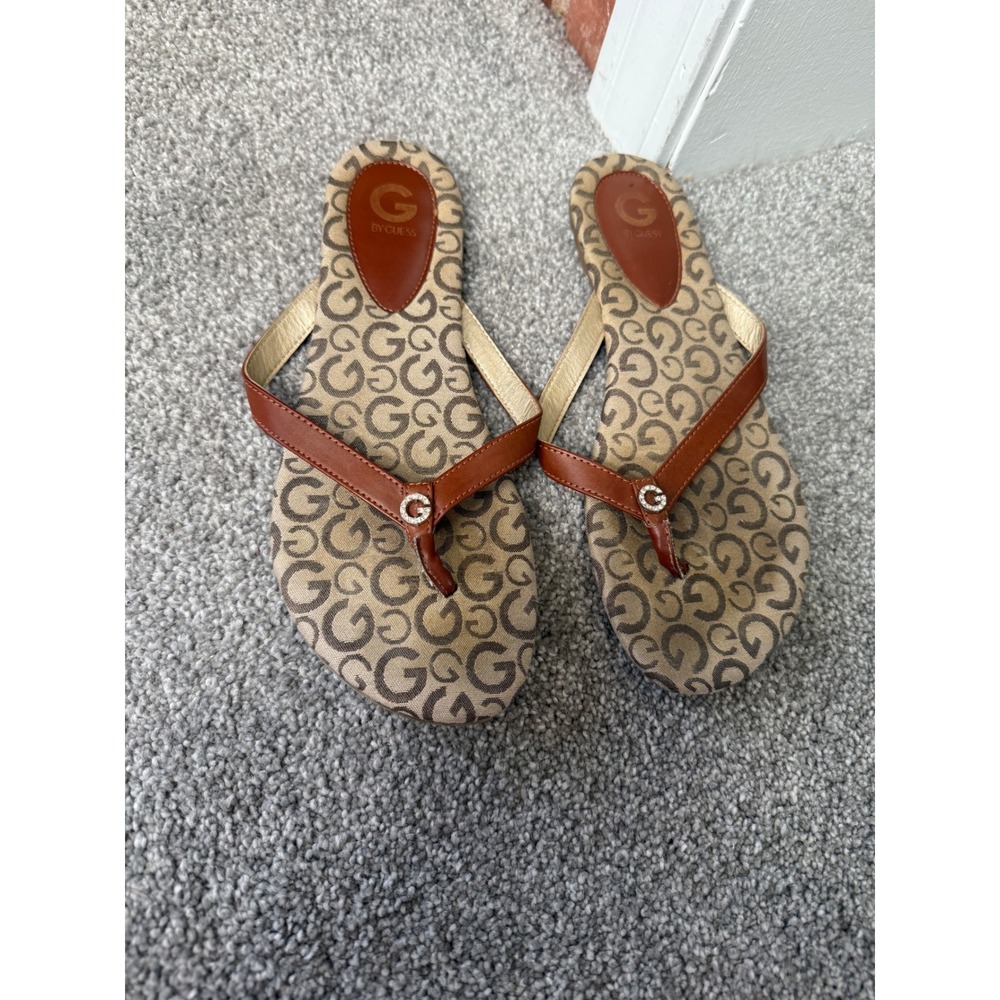 G by Guess Brown and Tan Logo Thong Sandals